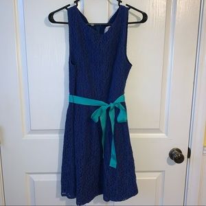 Blue lace dress with (optional) teal green bow